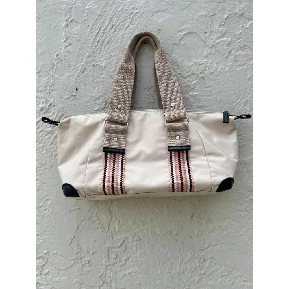 Victoria's Secret Cream Nylon Satchel Handbag Pink Black Striped Webbing Straps
